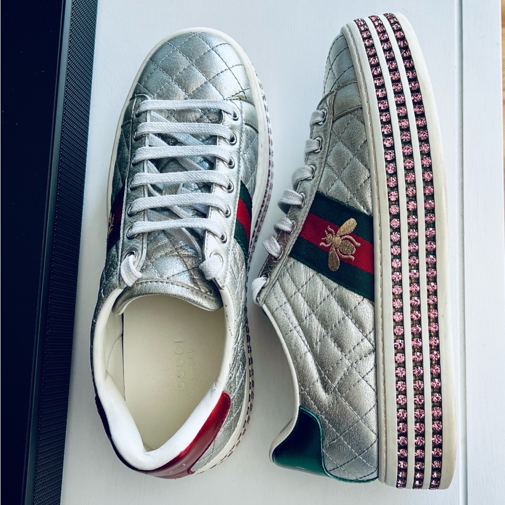 Gucci Silver Quilted Leather Bee Web Ace Crystal Embellished Platform Sneakers - Picture 7 of 16